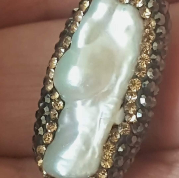 Genuine Two Sided Baroque Biwa Freshwater Pearl 14k Chain Yellow & Black Stones - Picture 5 of 5